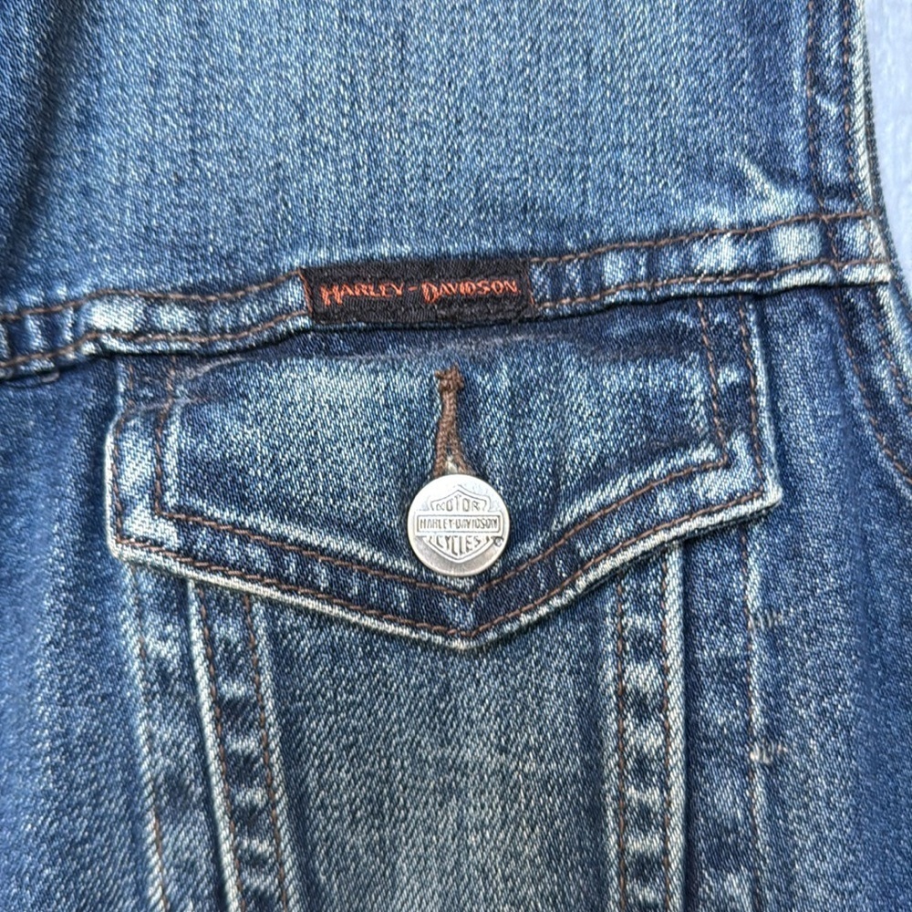 Harley-Davidson Blue Denim Jean Vest with White and Orange Logo - Picture 6 of 8